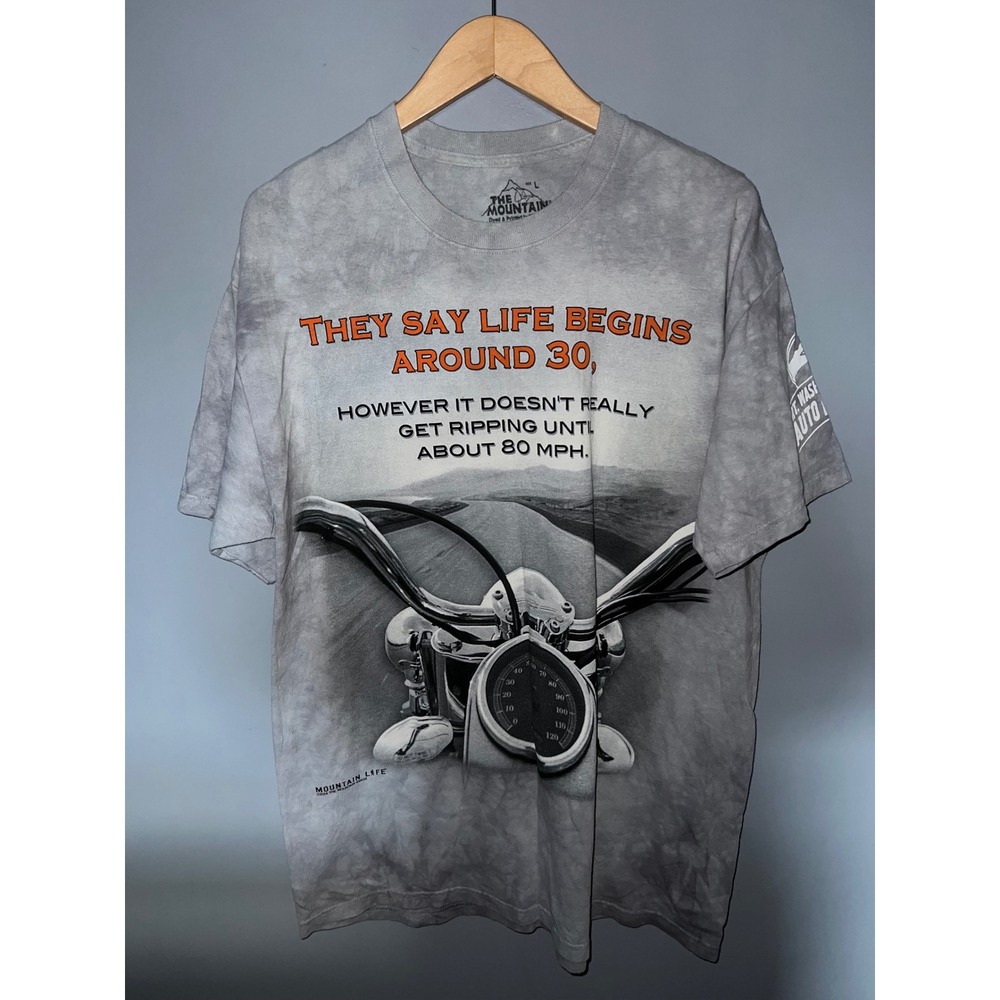 The Mountain Life Motorcycle Graphic T-Shirt Grey Tie Dye Mt Washington Large